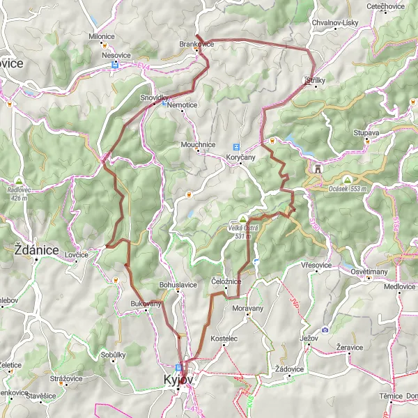 Map miniature of "Kyjov Gravel Loop" cycling inspiration in Jihovýchod, Czech Republic. Generated by Tarmacs.app cycling route planner