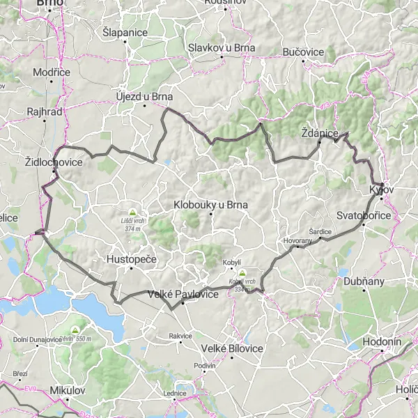 Miniaturní mapa "Cyklovýlet okolo Kyjova" inspirace pro cyklisty v oblasti Jihovýchod, Czech Republic. Vytvořeno pomocí plánovače tras Tarmacs.app