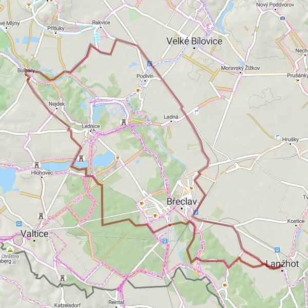 Miniaturní mapa "Gravel Bulhary Exploration" inspirace pro cyklisty v oblasti Jihovýchod, Czech Republic. Vytvořeno pomocí plánovače tras Tarmacs.app