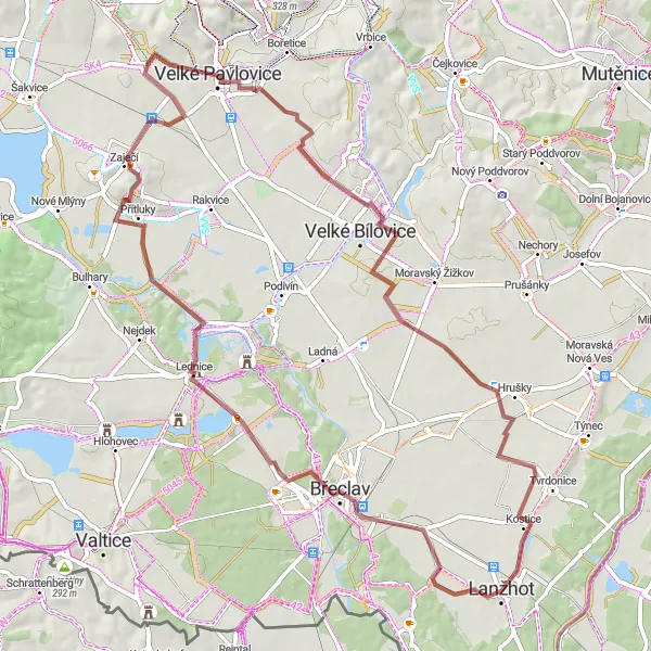 Mapa miniatúra "Gravel Kúty - Rozhledna Slunečná" cyklistická inšpirácia v Jihovýchod, Czech Republic. Vygenerované cyklistickým plánovačom trás Tarmacs.app