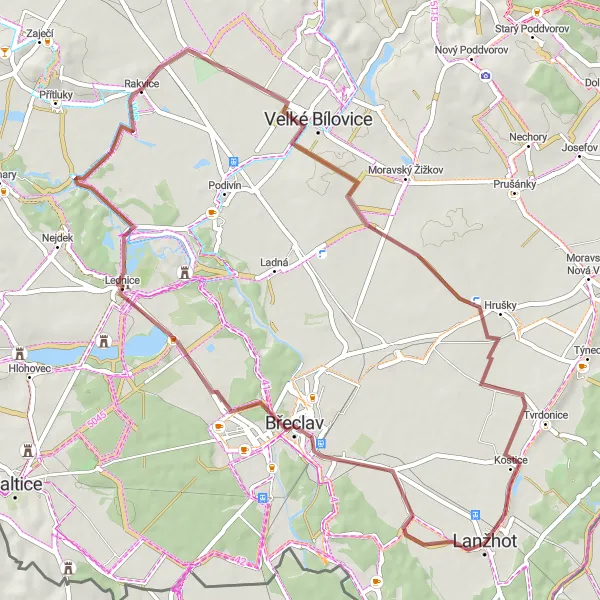 Miniatura mapy "Trasa gravelowa przez Vyhlídková věž Lednická kolonáda, Velké Bílovice i Slovácká chalupa" - trasy rowerowej w Jihovýchod, Czech Republic. Wygenerowane przez planer tras rowerowych Tarmacs.app