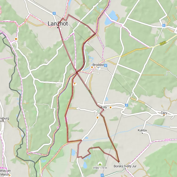 Miniaturní mapa "Gravelová tura kolem Lanžhotu" inspirace pro cyklisty v oblasti Jihovýchod, Czech Republic. Vytvořeno pomocí plánovače tras Tarmacs.app