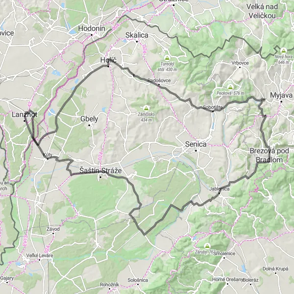 Miniaturní mapa "Přes kopců do Slovenska" inspirace pro cyklisty v oblasti Jihovýchod, Czech Republic. Vytvořeno pomocí plánovače tras Tarmacs.app