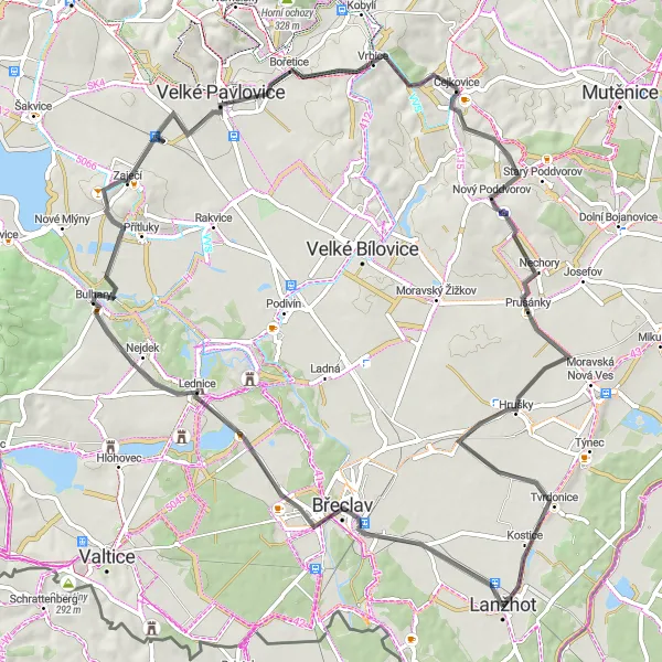 Miniaturní mapa "Okruhová trasa kolem Lanžhotu" inspirace pro cyklisty v oblasti Jihovýchod, Czech Republic. Vytvořeno pomocí plánovače tras Tarmacs.app