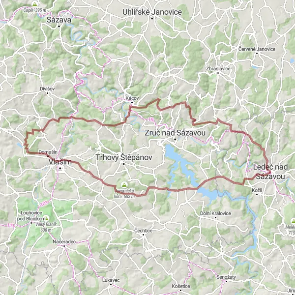 Miniatura mapy "Trasa gravelowa z Ledeč nad Sázavou do Habrek" - trasy rowerowej w Jihovýchod, Czech Republic. Wygenerowane przez planer tras rowerowych Tarmacs.app