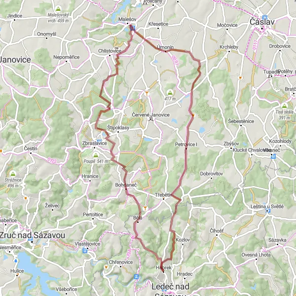 Map miniature of "Ledeč nad Sázavou - Bohdaneč - Vrbka Loop" cycling inspiration in Jihovýchod, Czech Republic. Generated by Tarmacs.app cycling route planner