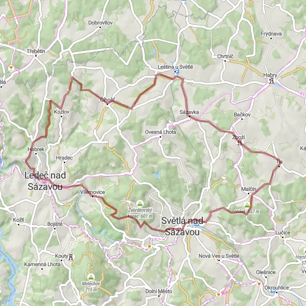Miniaturní mapa "Gravel route Souboř - Vilémovice" inspirace pro cyklisty v oblasti Jihovýchod, Czech Republic. Vytvořeno pomocí plánovače tras Tarmacs.app