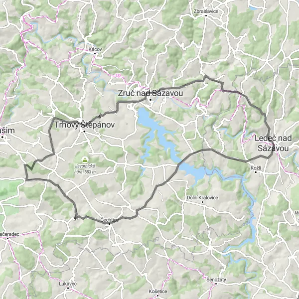 Miniaturní mapa "Kruhová cyklistická trasa z Ledeče nad Sázavou" inspirace pro cyklisty v oblasti Jihovýchod, Czech Republic. Vytvořeno pomocí plánovače tras Tarmacs.app