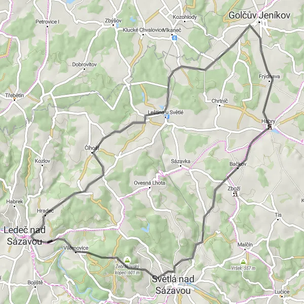 Map miniature of "Ledeč nad Sázavou - Dobrnice - Habry Loop" cycling inspiration in Jihovýchod, Czech Republic. Generated by Tarmacs.app cycling route planner