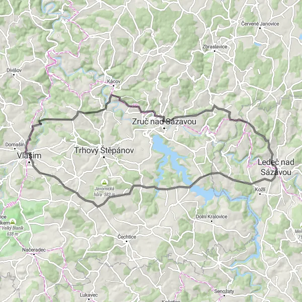 Map miniature of "Ledeč nad Sázavou - Keblov - Chabeřice Loop" cycling inspiration in Jihovýchod, Czech Republic. Generated by Tarmacs.app cycling route planner