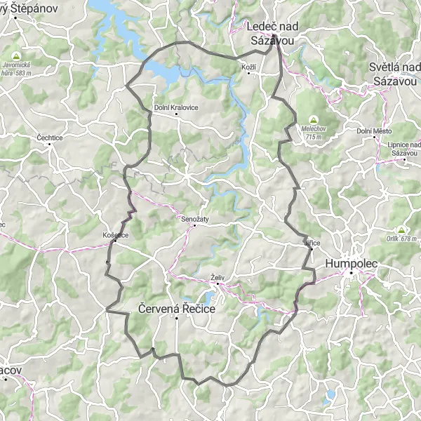 Miniaturní mapa "Road Tour Ledeč nad Sázavou - Štičí" inspirace pro cyklisty v oblasti Jihovýchod, Czech Republic. Vytvořeno pomocí plánovače tras Tarmacs.app