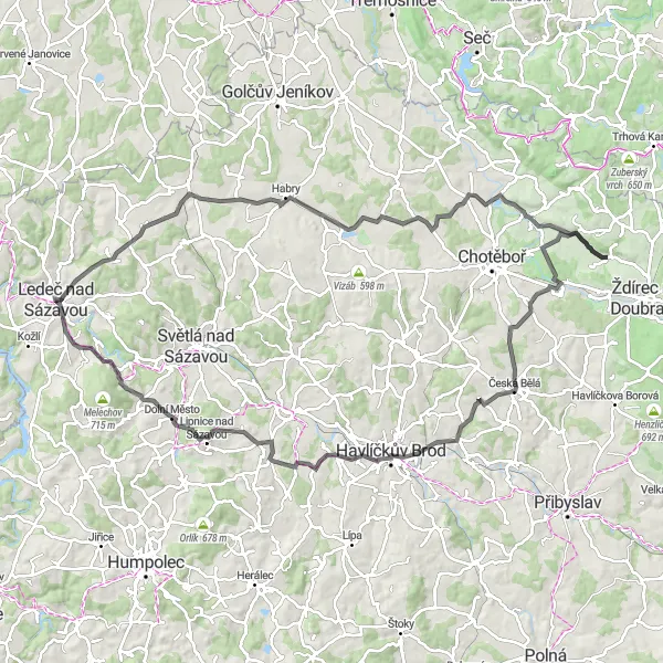 Map miniature of "Sázava Castle Loop" cycling inspiration in Jihovýchod, Czech Republic. Generated by Tarmacs.app cycling route planner
