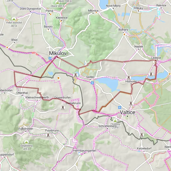 Map miniature of "Discovering Lednice Château Riding Halls and Hlohovec" cycling inspiration in Jihovýchod, Czech Republic. Generated by Tarmacs.app cycling route planner