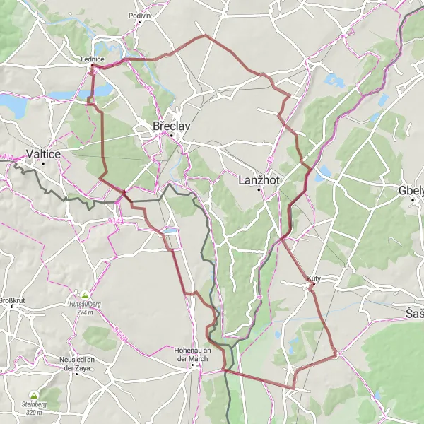 Map miniature of "Gravel Cycling Route to Bernhardsthal via Lednická kolonáda" cycling inspiration in Jihovýchod, Czech Republic. Generated by Tarmacs.app cycling route planner
