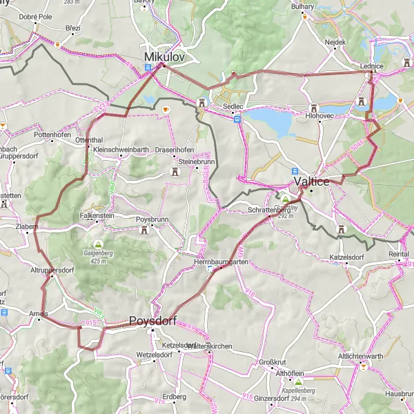 Map miniature of "Gravel Adventure to Valtice and Mikulov" cycling inspiration in Jihovýchod, Czech Republic. Generated by Tarmacs.app cycling route planner