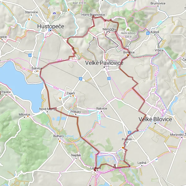 Miniaturní mapa "Gravelová cyklotrasa Lednice - Horní Bojanovice" inspirace pro cyklisty v oblasti Jihovýchod, Czech Republic. Vytvořeno pomocí plánovače tras Tarmacs.app