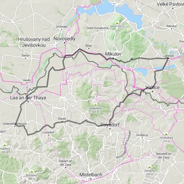 Miniaturní mapa "Silniční cyklostezka Hlohovec - Mikulov" inspirace pro cyklisty v oblasti Jihovýchod, Czech Republic. Vytvořeno pomocí plánovače tras Tarmacs.app