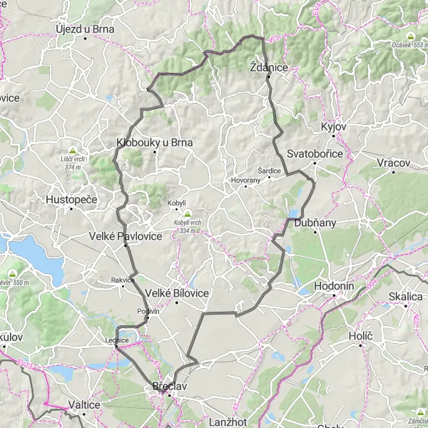 Miniaturní mapa "Cyklistická cesta Velké Pavlovice - Lednice" inspirace pro cyklisty v oblasti Jihovýchod, Czech Republic. Vytvořeno pomocí plánovače tras Tarmacs.app
