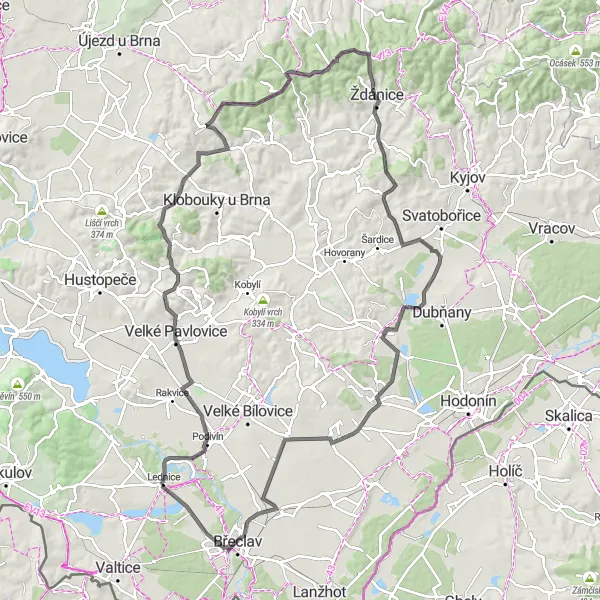 Map miniature of "Road Cycling Route to Břeclav via Velké Pavlovice" cycling inspiration in Jihovýchod, Czech Republic. Generated by Tarmacs.app cycling route planner