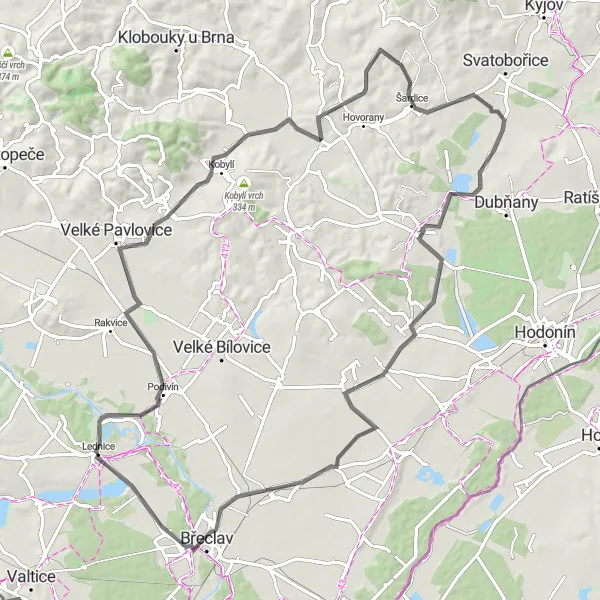 Mapa miniatúra "Okruh kolem Lednice" cyklistická inšpirácia v Jihovýchod, Czech Republic. Vygenerované cyklistickým plánovačom trás Tarmacs.app