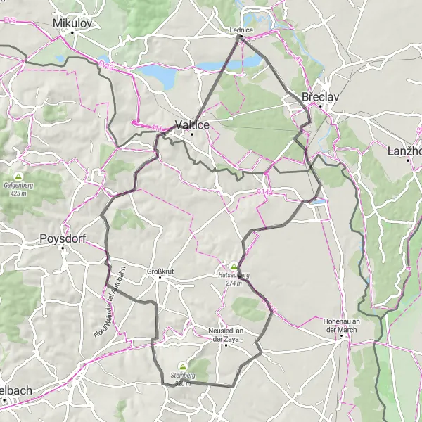 Map miniature of "Road Cycling Adventure to Lednická kolonáda" cycling inspiration in Jihovýchod, Czech Republic. Generated by Tarmacs.app cycling route planner