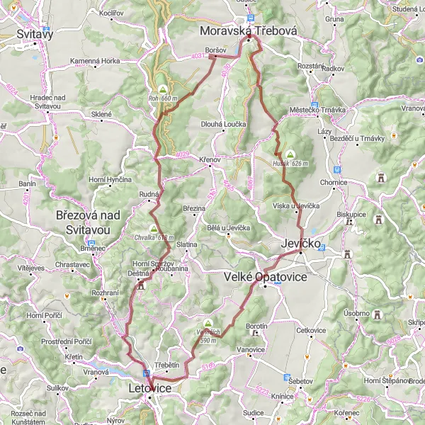 Miniaturní mapa "Náročná gravelová trasa okolo Letovic" inspirace pro cyklisty v oblasti Jihovýchod, Czech Republic. Vytvořeno pomocí plánovače tras Tarmacs.app