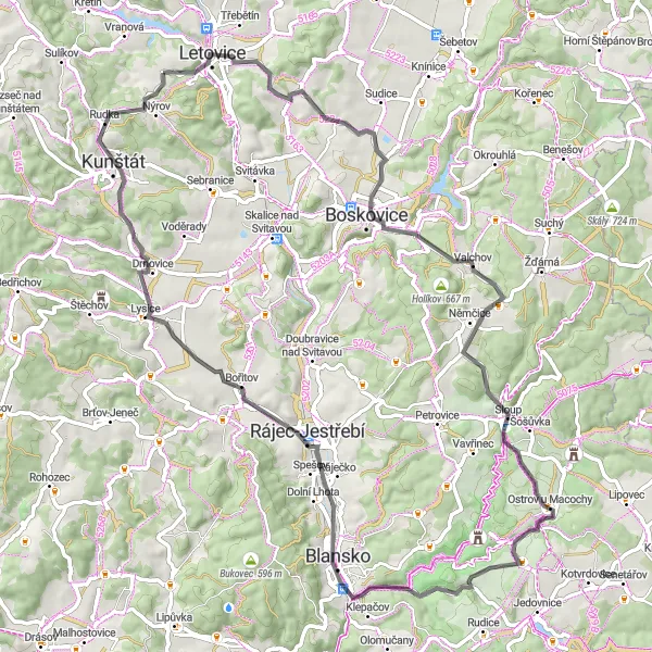Miniaturní mapa "Okolím Letovic" inspirace pro cyklisty v oblasti Jihovýchod, Czech Republic. Vytvořeno pomocí plánovače tras Tarmacs.app