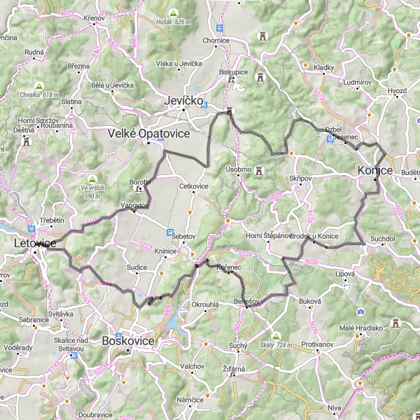 Miniaturní mapa "Silniční cyklotrasa z Letovic" inspirace pro cyklisty v oblasti Jihovýchod, Czech Republic. Vytvořeno pomocí plánovače tras Tarmacs.app