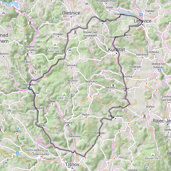 Mapa miniatúra "Okruh kolem Letovice" cyklistická inšpirácia v Jihovýchod, Czech Republic. Vygenerované cyklistickým plánovačom trás Tarmacs.app