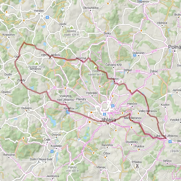 Mapa miniatúra "Zajímavý okruh kolem Luka nad Jihlavou" cyklistická inšpirácia v Jihovýchod, Czech Republic. Vygenerované cyklistickým plánovačom trás Tarmacs.app