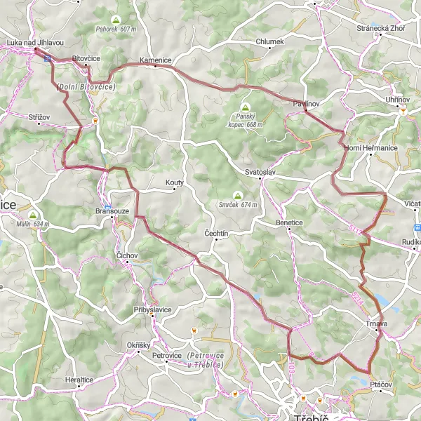 Map miniature of "Gravel Haven: Kamenice and Beyond" cycling inspiration in Jihovýchod, Czech Republic. Generated by Tarmacs.app cycling route planner