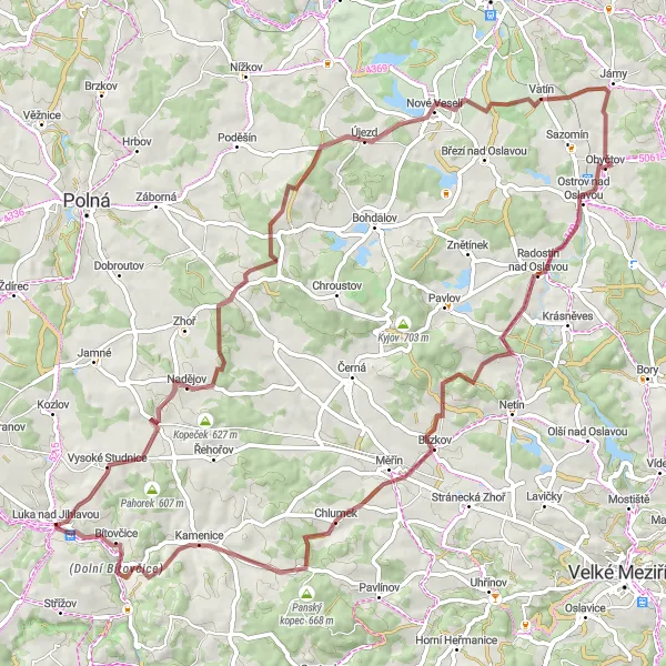 Miniatura mapy "Trasa gravelowa z widokiem na Balkan" - trasy rowerowej w Jihovýchod, Czech Republic. Wygenerowane przez planer tras rowerowych Tarmacs.app