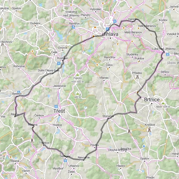 Mapa miniatúra "Trasa do kopcovité krajiny" cyklistická inšpirácia v Jihovýchod, Czech Republic. Vygenerované cyklistickým plánovačom trás Tarmacs.app