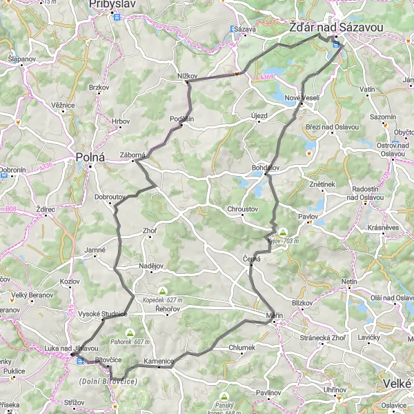 Mapa miniatúra "Road okruh k Luka nad Jihlavou" cyklistická inšpirácia v Jihovýchod, Czech Republic. Vygenerované cyklistickým plánovačom trás Tarmacs.app