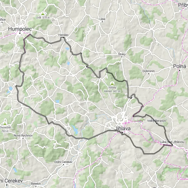 Karten-Miniaturansicht der Radinspiration "Hügelland-Tour durch malerische Dörfer" in Jihovýchod, Czech Republic. Erstellt vom Tarmacs.app-Routenplaner für Radtouren
