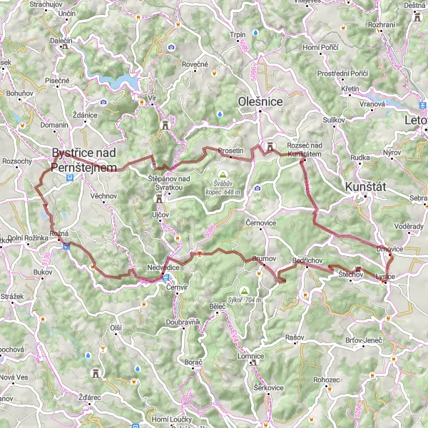 Miniaturní mapa "Gravel cyklotrasa Lysice - Drnovice" inspirace pro cyklisty v oblasti Jihovýchod, Czech Republic. Vytvořeno pomocí plánovače tras Tarmacs.app