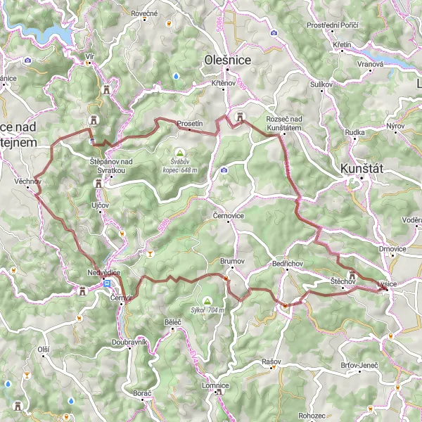 Miniaturní mapa "Gravelový okruh přes Osiky a Chocholík" inspirace pro cyklisty v oblasti Jihovýchod, Czech Republic. Vytvořeno pomocí plánovače tras Tarmacs.app