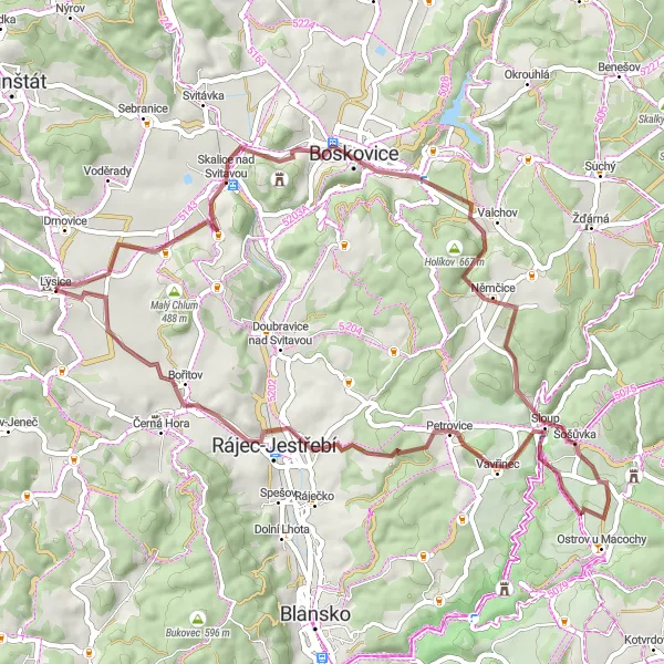 Miniaturní mapa "Gravel z Lysic kolem Rájce a Hory" inspirace pro cyklisty v oblasti Jihovýchod, Czech Republic. Vytvořeno pomocí plánovače tras Tarmacs.app