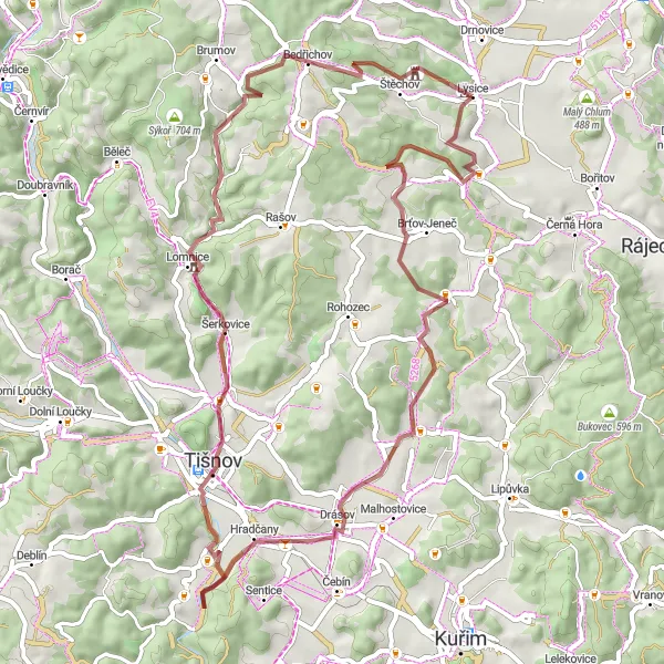 Map miniature of "Lysice to Lysice: Scenic Gravel Loop" cycling inspiration in Jihovýchod, Czech Republic. Generated by Tarmacs.app cycling route planner