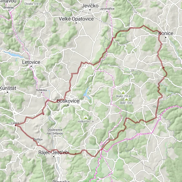 Miniaturní mapa "Gravel cyklotrasa Lysice - Rájec" inspirace pro cyklisty v oblasti Jihovýchod, Czech Republic. Vytvořeno pomocí plánovače tras Tarmacs.app