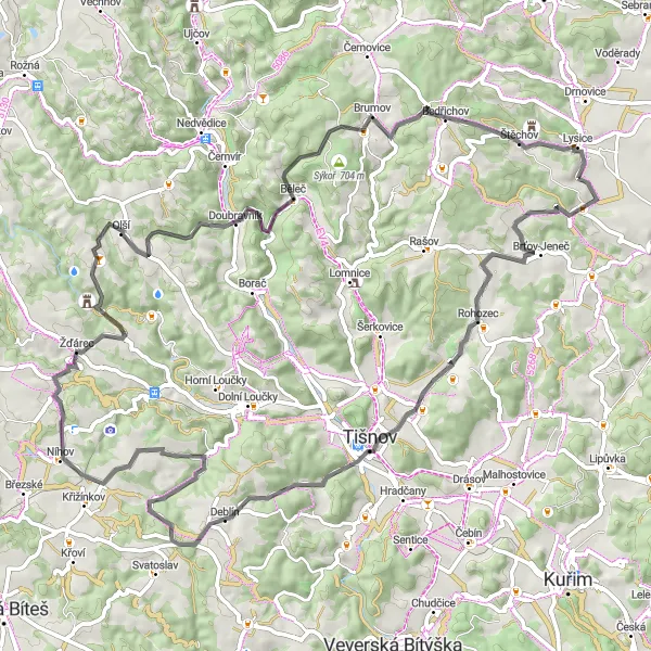 Miniaturní mapa "Cyklotour přes Deblín a Běleč" inspirace pro cyklisty v oblasti Jihovýchod, Czech Republic. Vytvořeno pomocí plánovače tras Tarmacs.app