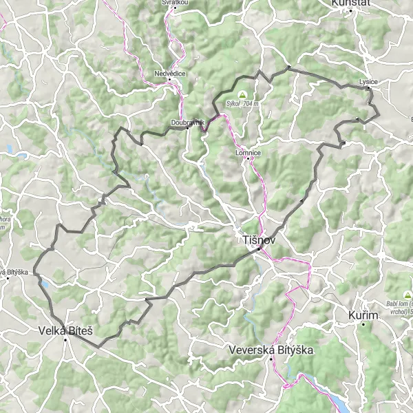 Map miniature of "Býkovice Loop" cycling inspiration in Jihovýchod, Czech Republic. Generated by Tarmacs.app cycling route planner