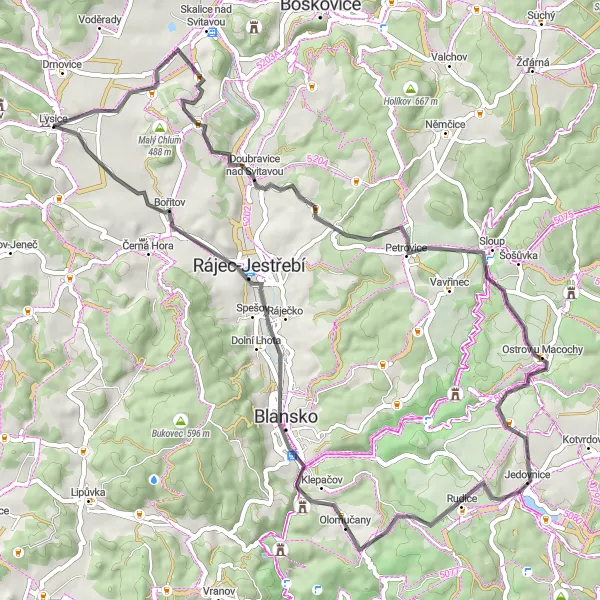 Mapa miniatúra "Cyklovýlet okolo Lysic po asfaltových cestách" cyklistická inšpirácia v Jihovýchod, Czech Republic. Vygenerované cyklistickým plánovačom trás Tarmacs.app