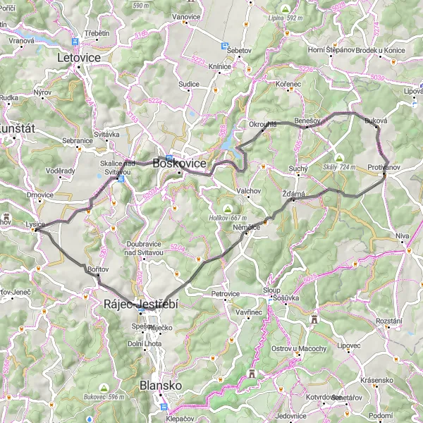 Miniaturní mapa "Kulturní okruh přes Vratíkov a Rájec-Jestřebí" inspirace pro cyklisty v oblasti Jihovýchod, Czech Republic. Vytvořeno pomocí plánovače tras Tarmacs.app