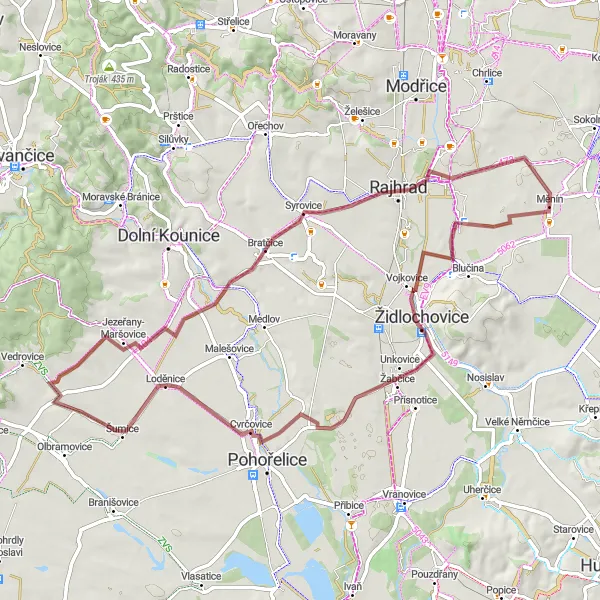 Map miniature of "Měnín - Opatovice - Cvrčovice - Kubšice - Němčičky - Otmarov Gravel Route" cycling inspiration in Jihovýchod, Czech Republic. Generated by Tarmacs.app cycling route planner