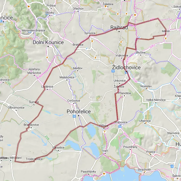 Miniaturní mapa "Okružní cyklistická trasa kolem Měnína - Gravel" inspirace pro cyklisty v oblasti Jihovýchod, Czech Republic. Vytvořeno pomocí plánovače tras Tarmacs.app
