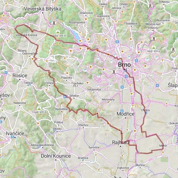 Miniaturní mapa "Okružní cyklistická trasa kolem Měnína - Gravel" inspirace pro cyklisty v oblasti Jihovýchod, Czech Republic. Vytvořeno pomocí plánovače tras Tarmacs.app