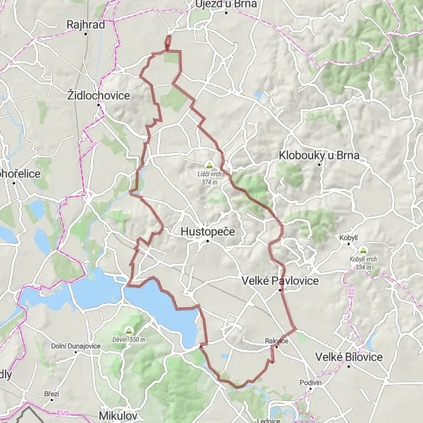 Map miniature of "Měnín - Nikolčice - Holý vrch - Tabulka - Rakvice - vodní nádrž Nové Mlýny III - Strachotín - Uherčice Gravel Route" cycling inspiration in Jihovýchod, Czech Republic. Generated by Tarmacs.app cycling route planner