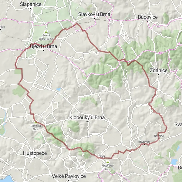 Mapa miniatúra "Gravelová cyklotrasa okolo Měnína" cyklistická inšpirácia v Jihovýchod, Czech Republic. Vygenerované cyklistickým plánovačom trás Tarmacs.app