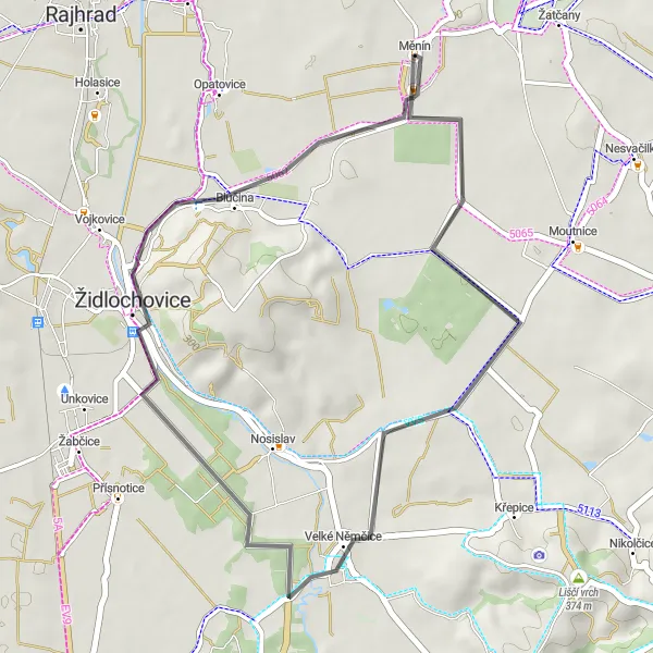 Miniatura mapy "Krótka trasa z Měnín do Židlochovic" - trasy rowerowej w Jihovýchod, Czech Republic. Wygenerowane przez planer tras rowerowych Tarmacs.app